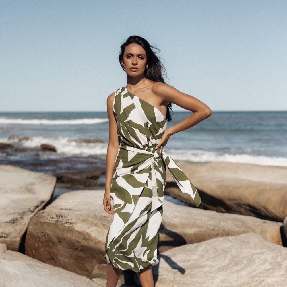 Petal & Pup Zara One Shoulder Midi Linen Dress in Olive Palm